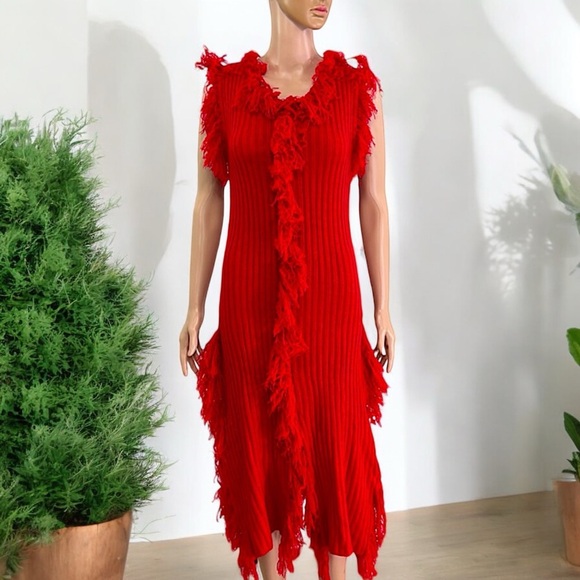 NEW Double Take Red Knit Sleeveless Fringe Sweater Dress - Picture 10 of 17